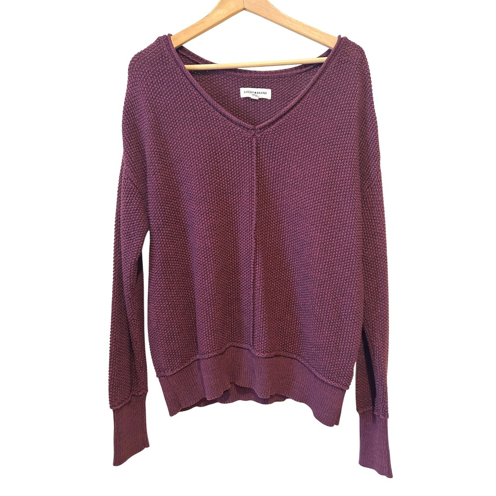 Lucky Brand Sweater Sz L Wine Red V-Neck Textured Knit Pullover Fall Boho Vamp